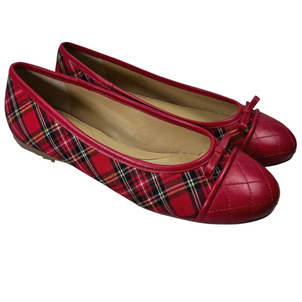 Talbots Ballet Flats Women 8.5M Red Plaid Tartan Quilted Preppy Shoes Academia